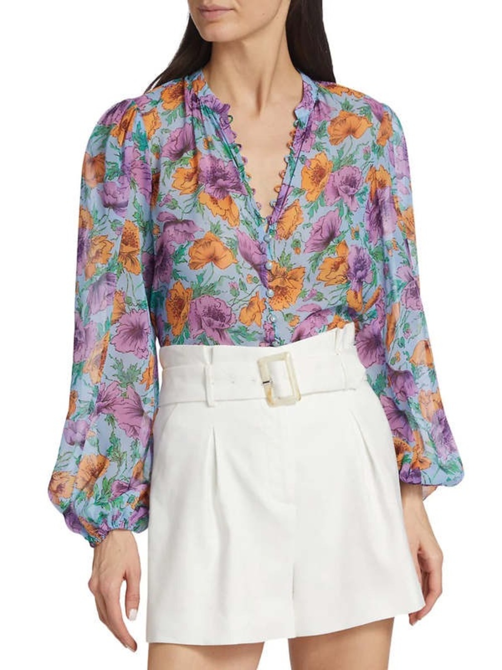 Veronica Beard Sky Blue V-Neck Blouse with Lavender and Orange Accents 100% Silk